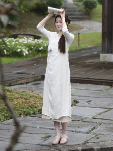 Chinoiserie Embroidered Linen Dress Slimming Chinese Style Summer Womens Fashionable Seven-Quarter Sleeve Long A-Line Gown