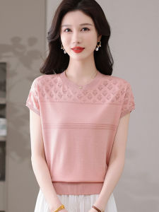Slimming Ice Silk Hollow out round Neck Short Sleeve T-Shirt Korean Style Knitted Top for Women Summer New Arrival Pure Color