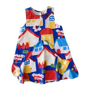 Menoea Korean Version of Fashionable Girls' Round Neck Sleeveless Cartoon House Printed Dress