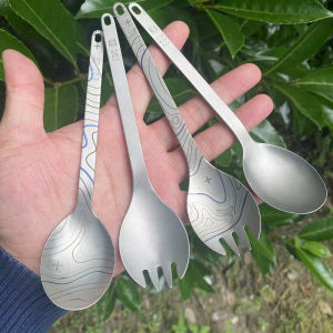 Topo Color Titanium Landmark Pattern Pure Titanium Straight Handle Fork and Spoon round Spoon Titanium Spoon Dual-Purpose Spoon Healthy Camping Picnic Tableware