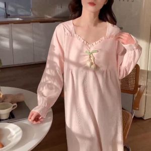 Cloud-Print Nightdress Built-In Bra Pads Homewear Long-Sleeve Nightdress Outdoor Beautiful Princess Nightdress