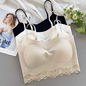 Gufy Lace Backless Bra Womens Fixed Cup Gathered No Light through Strapless Seamless Inner Wear Small Strap Vest