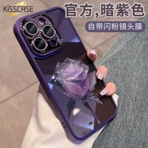 KISSCASE Magic Crystal Purple Rose Clear Acrylic Painted Case For iPhone 15 ProMax Luxury Slim Plating Rose Floral Pattern With Glitter Diamond Lens Film Built-in Camera Protector Glass For Apple15 14 13 12 11 Shell Shockproof Hard PC Case