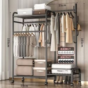 Simple Double Rod Floor Mounted Closet Clothes Hanger Rack for Bedroom Indoor Storage Pull Cart Home Utility Room Organizer