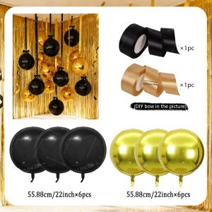 Black Gold 4D Aluminum Film Balloon Set with Black and Gold Ribbons for Birthday New Years Party Graduation Decoration