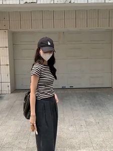 【READY STOCK】ST331 Striped Round Neck Short Sleved Crop Top Retro Slim Fit Women Knitted Streak T-Shirt