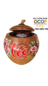 Bình ủ trà gỗ dừa cao cấp vẽ chữ Lộc / Tùy chọn bình trà 05 - 08 - 13 - 20 lít / Hàng đạt OCOP 3 sao tỉnh Bến Tre năm 2023 / Giữ ấm 3 - 5 giờ / Xưởng sản xuất thủ công