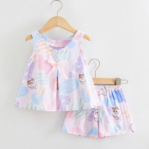 ชุดเด็กผู้หญิงผ้าฝ้ายไหม ชุดสองชิ้น แขนกุด กระโปรงสั้น ผ้าฝ้ายเทียม ชุดฤดูร้อน เสื้อผ้าเด็ก ชุดแฟชั่นเกาหลี สำหรับเด็กวัย 6 เดือนถึง 6 ปี