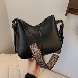 Retro Versatile Single Shoulder Womens Bag Pure Color Crossbody Bag Wide Strap Fashionable Bucket Bag Soft PU Leather