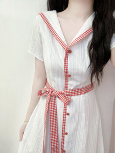 Y6Y | French Style White Navy Collar Dress Women Summer 2025 New Unique Beautiful Elegant Long Skirt Cotton Short Sleeve Sweet Style