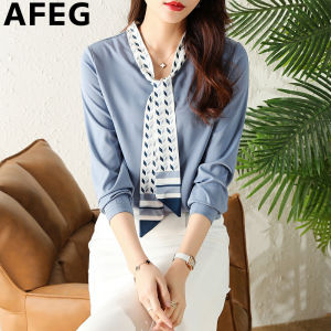 AFEG solid color Korean V-neck printed ribbon fashion loose temperament chiffon long-sleeved blouse for women