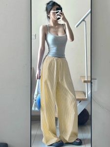 Yellow Striped Loose Fit Casual Pants Womens Summer Thin Hanging Sport Wide Leg Dopaamine Shorts Island Style High Waist Long Pants