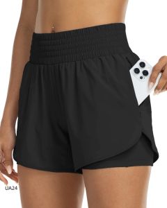 Quần Short Thể Thao Nữ Cạp Cao 2 Trong 1 Ôm Dáng Lưng Thun Tập Gym Yoga Chạy Bộ Tập Luyện Có Túi Khóa Kéo Chất Liệu Acrylic Mềm Mại