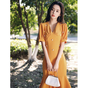 Luxurious Yellow Evening Dress for Women Mid-Waist French Style Fish Tail Skirt Versatile for Daily and Special Occasions