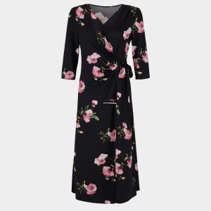 MY TENO | Elegant V-neck Printed Dress With Waist-cinching Belt And Sleeveless Design For Women By Matin Nu In Soft Polyester And Spandex