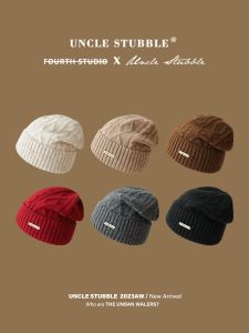 Japanese Style Simple Cable Stitch Knitted Hat Fall and Winter Lazy Fashion Pile Heap Cap Men and Women Same Style Cold Protection Earflaps Woolen Cap