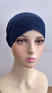 New Solid Color Lace Turban Cap Muslim Fashion Soft Strech Women Hijabs Ladies Head Scarf Head Wrap Hijab Scarf
