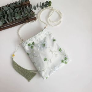 กระเป๋าสะพายข้างผ้าลูกไม้สไตล์จีนโบราณขนาดเล็กพร้อมโซ่ไข่มุก กระเป๋าสะพายข้างแบบสะพายข้างสำหรับใส่โทรศัพท์มือถือ กระเป๋าสะพายข้างแบบอเนกประสงค์