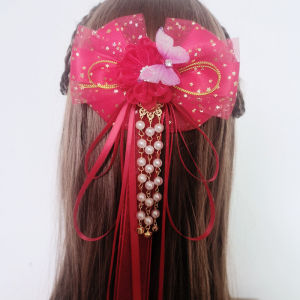 หมวกคล้องหัวสไตล์จีนโบราณ ดอกไม้ผ้าไหม โบว์ผูกหางยาว ตกแต่งผมเด็ก หวานสดชื่น เครื่องประดับผมสไตล์จีนโบราณ