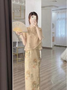 Elegant Two-Piece Set: Women's Fashion Sweet Style Summer Beautiful Midi Skirt & Top Ensemble Soft and Gentle Chinese New Style Qipao