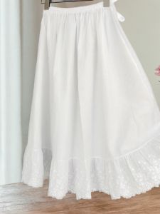 Japanese Style Cotton Half Skirt Underdress Embroidered Lace Trim Womens Innerwear A-Line Midi Skirt High Waist Solid Color
