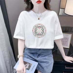 New Chinese Style Short Sleeve T-Shirt Womens Loose Fit Fashionable Anti-Aging Summer Top Pink round Neck Casual Print