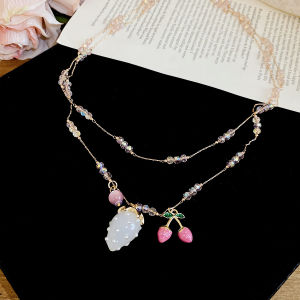 UOSU | Crystal Bead Dripping Oil Flower Strawberry Sweet Cool Style Unique Niche Collarbone Chain Light Luxury High-End Accessories