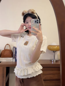 Summer 2025 New Embroidered Bear Short Sleeve T-Shirt Womens Slim Fit Short Length round Neck Top Polyester Spandex Blend