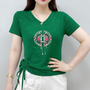 New Chinese Style Large Size Summer Short Sleeve T-Shirt Pure Cotton Heart Neck Womens Slim Fit Top Creative Pattern Commute Style