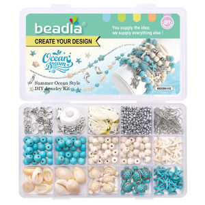 715ชิ้น/กล่องกลมเทอร์ควอยซ์ลูกปัดเปลือกหอยโลหะผสมปลาดาวชุดชุดทำเครื่องประดับแฮนด์เมดฤดูร้อนสไตล์มหาสมุทรกำไลข้อเท้า