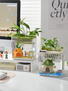 SKISOPGO Betta Fish Tank Desktop HD Transparent Aquarium with Hydroponics System Small Ecological Tank