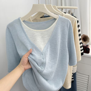 Shalldoer | Chic Korean Style Two-tone Illusion Short Sleeve Knitwear