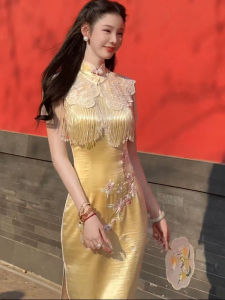 Elegant New Chinese Style Qipao Dress Set Womens Summer 2025 Fashionable Retro Polyester Fiber One-Piece Universal Size