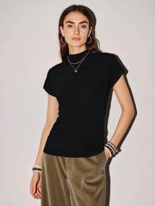 Basic House | Womens Summer Mock Neck Ice Silk Slim Fit Knit Top