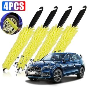 【Pphha】4Pcs Portable Car Wheel Brush Yellow Sponge Scratch Free Tire Rim Scrub Cleaning Brush with Handle Auto Washing Tool