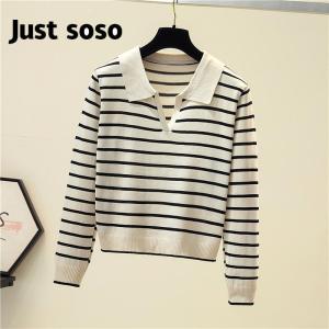 Striped Knitted Sweater Long Sleeve T-shirt Womens Autumn/Winter Polo Collar Versatile Casual Top