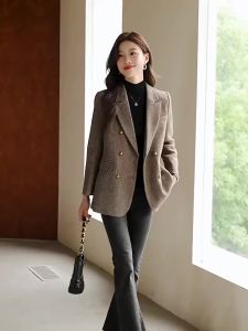 Fashion Grey Blazer Women Coffee Long Sleeve Casual Jacket for Autumn Winter Female Coats Double-Breasted Suit Women’s Clothing