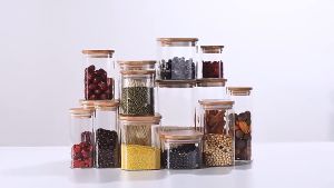 Toples Kaca KotakTutup Kayu Kedap Udara Borosilicate Storage Glass Jar