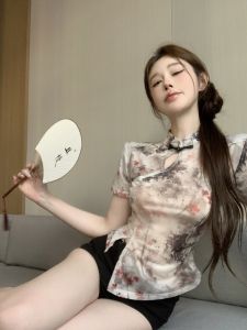 GUZILIAN | New Chinese Style National Trend Button Stand Collar Slit Short Sleeve T-Shirt Leopard Women Summer Irregular Elegant Plum Blossom Mesh Top