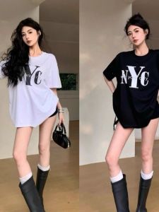 เสื้อยืดคอกลมแขนสั้นผ้าฝ้ายแท้พิมพ์ลายตัวอักษรสีดำสไตล์ย้อนยุคอเมริกันสำหรับผู้หญิงในช่วงฤดูร้อน เสื้อเชิ้ตทรงหลวมอเนกประสงค์ทันสมัย