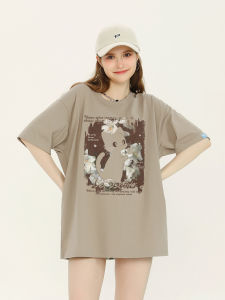 Summer New Womens Loose Fit Short Sleeve T-Shirt Cat Print Cotton Half Sleeve Pure Color Casual Top for Young Adults