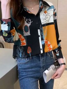 Tianshun Chiffon Top Korean Fashion Printed Long Sleeve Shirt Womens Summer OL Work Casual Shirt