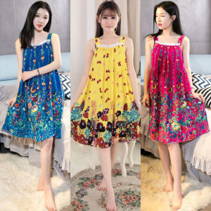 Summer Sleepwear Womens Artificial Silk Loose Home Clothes Floral Print Wide Shoulder Strap Nightgown Short Sleeve Square Neck