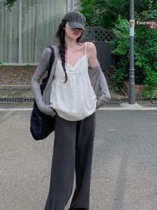 YUEZHONGWEI | เสื้อคาร์ดิแกนแขนยาวผ้าไหมน้ำแข็งสีเทา ทรงสั้น บาง สำหรับผู้หญิงในช่วงฤดูร้อน ปกป้องจากแสงแดด สายเดี่ยว คลุมเครื่องปรับอากาศ เสื้อคลุมไหล่