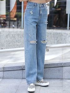 กางเกงยีนส์ขาดทรงตรงเอวสูงวินเทจ  แฟชั่นสบายๆ  ผ้าไม่มีความยืดหยุ่น   กางเกงยีนส์ขายาว