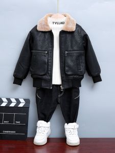 Thickened Fleece Winter Jacket for Boys PU Leather Coat Childrens Fashionable Outerwear Warm Casual Style Boys Coat
