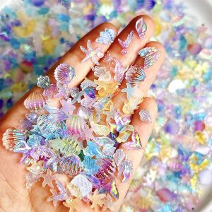 50Pcs 3D Iridescent Summer Ocean Nail Charms Mixed Shell Jellyfish Starfish Nails Art Decorations DIY Beach Manicure Accessories