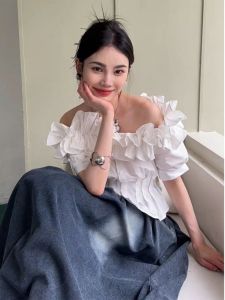 Fashionable Pleated Design Sweet Three-Dimensional Earlet Lace Splicing One-Shoulder Single Button Slim Short Shirt Women