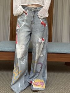 Original Hand-Drawn Heart Graffiti Print Wide Leg Pants Women Summer 2025 Heavy-Duty 3DVintage Denim Long Trousers
