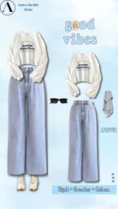 One Set Setelan Kekinian Wanita 3in1 (Atasan Sweater + Bawahan Celana Loose Pants + Hijab Bella Square + Kacamata) AM244R Korean Style OOTD Outfit